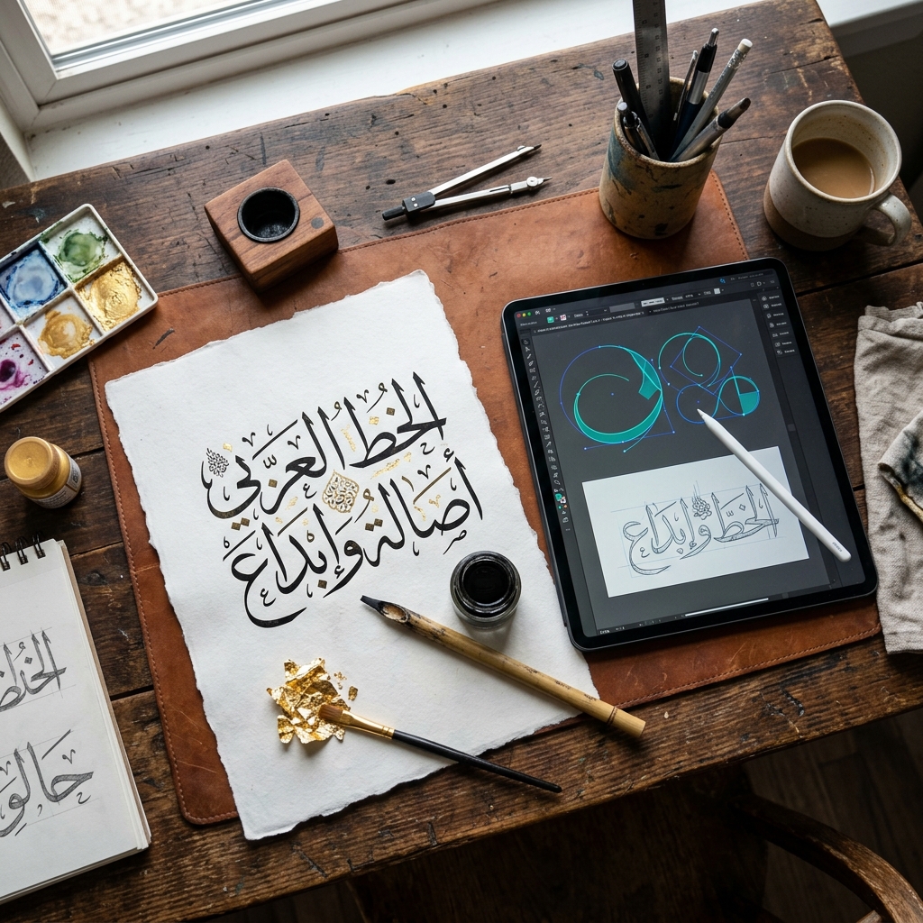Artisan Arabic Calligraphy Process with Qalam and Digital Vector Artwork