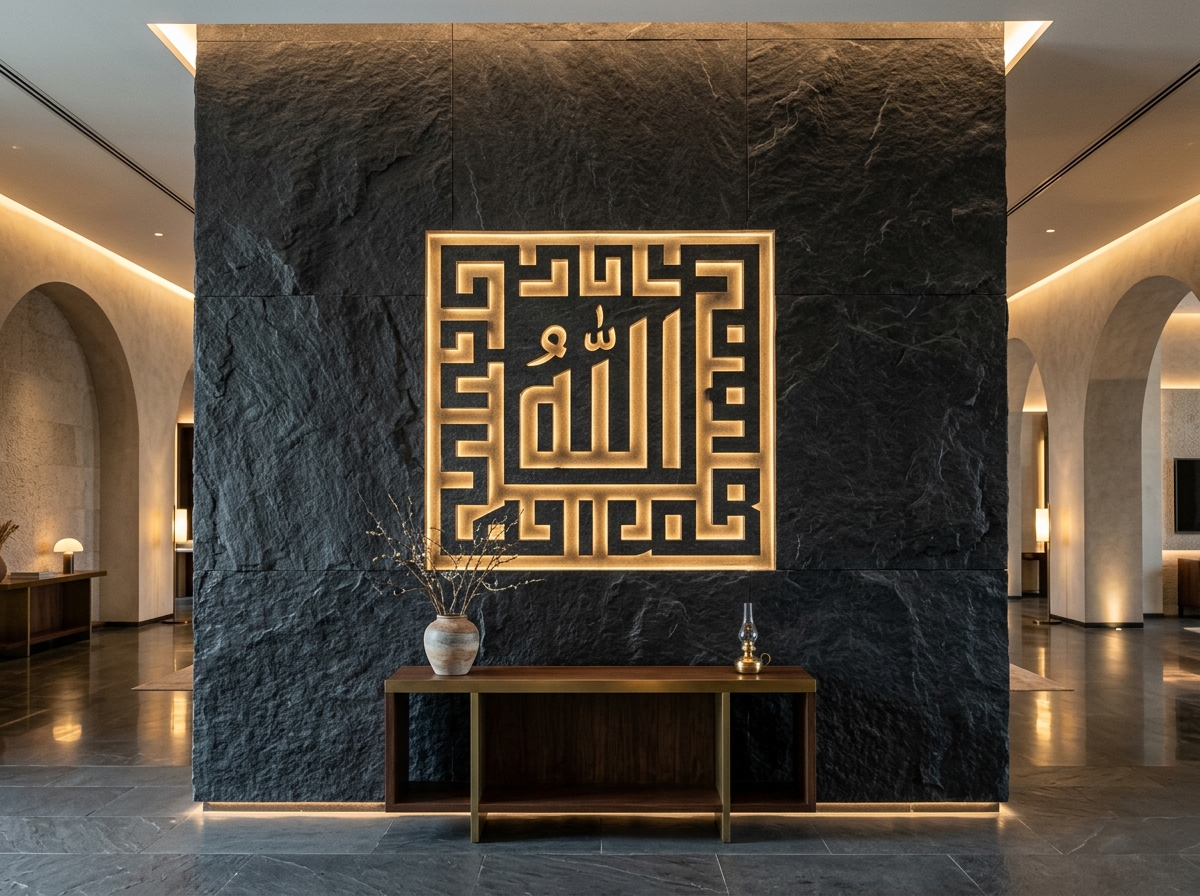 Modern geometric Square Kufic Arabic calligraphy monogram on bronze facade